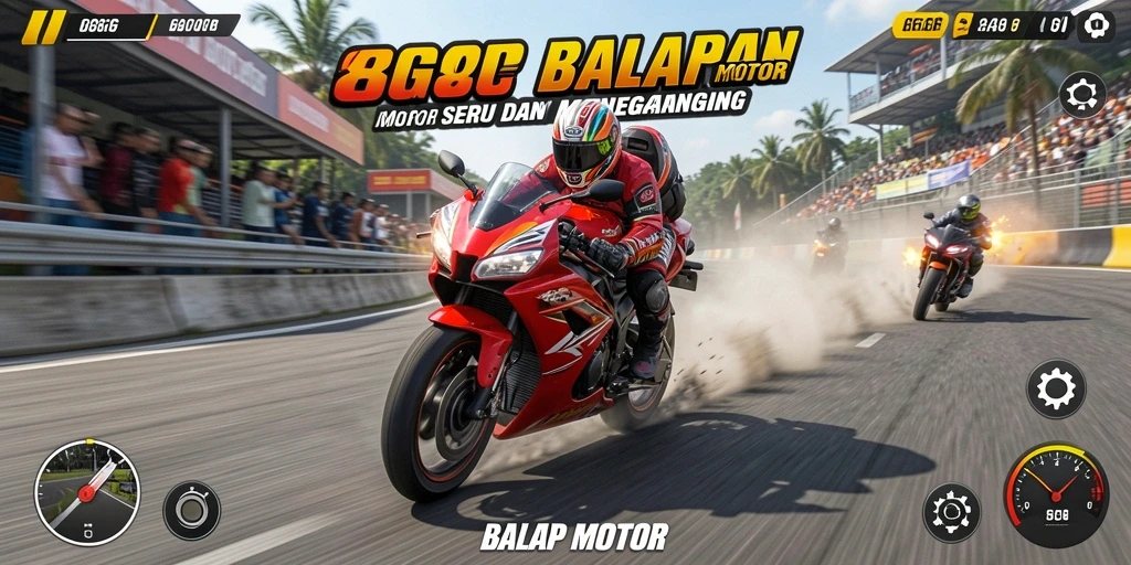 Tampilan layar balap yang mendebarkan dengan berbagai motor.