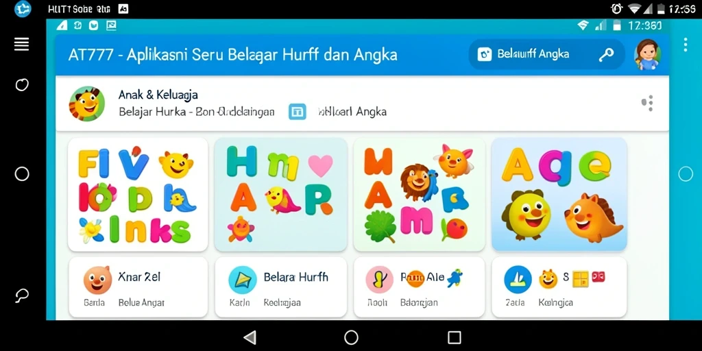 Antarmuka aplikasi AT777 yang colorful dan menarik untuk belajar huruf dan angka.