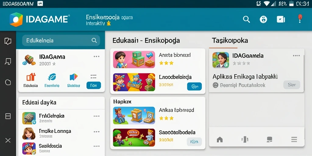 Tampilan antarmuka aplikasi Ensiklopedia IDAGAME dengan berbagai kategori informasi.