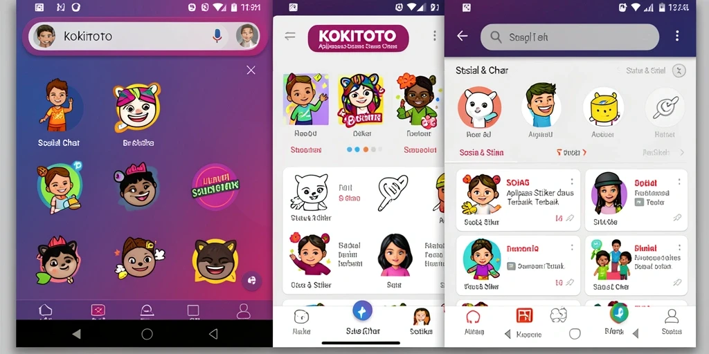 Antarmuka KOKITOTO menampilkan berbagai stiker dan status yang menarik.